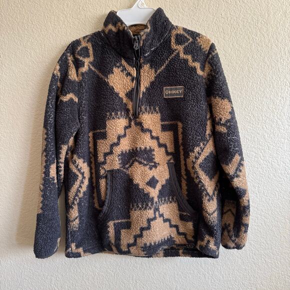 Hooey Quarter Zip Aztec Pattern Fleece Pullover Black Tan Youth Boys Size L - Picture 1 of 9